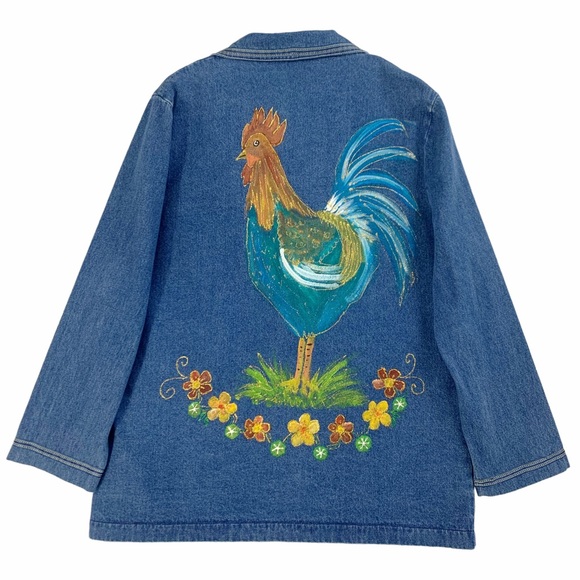Vintage Jackets & Blazers - Hand Painted Blue Denim Jeans Jacket with Rooster Motif
